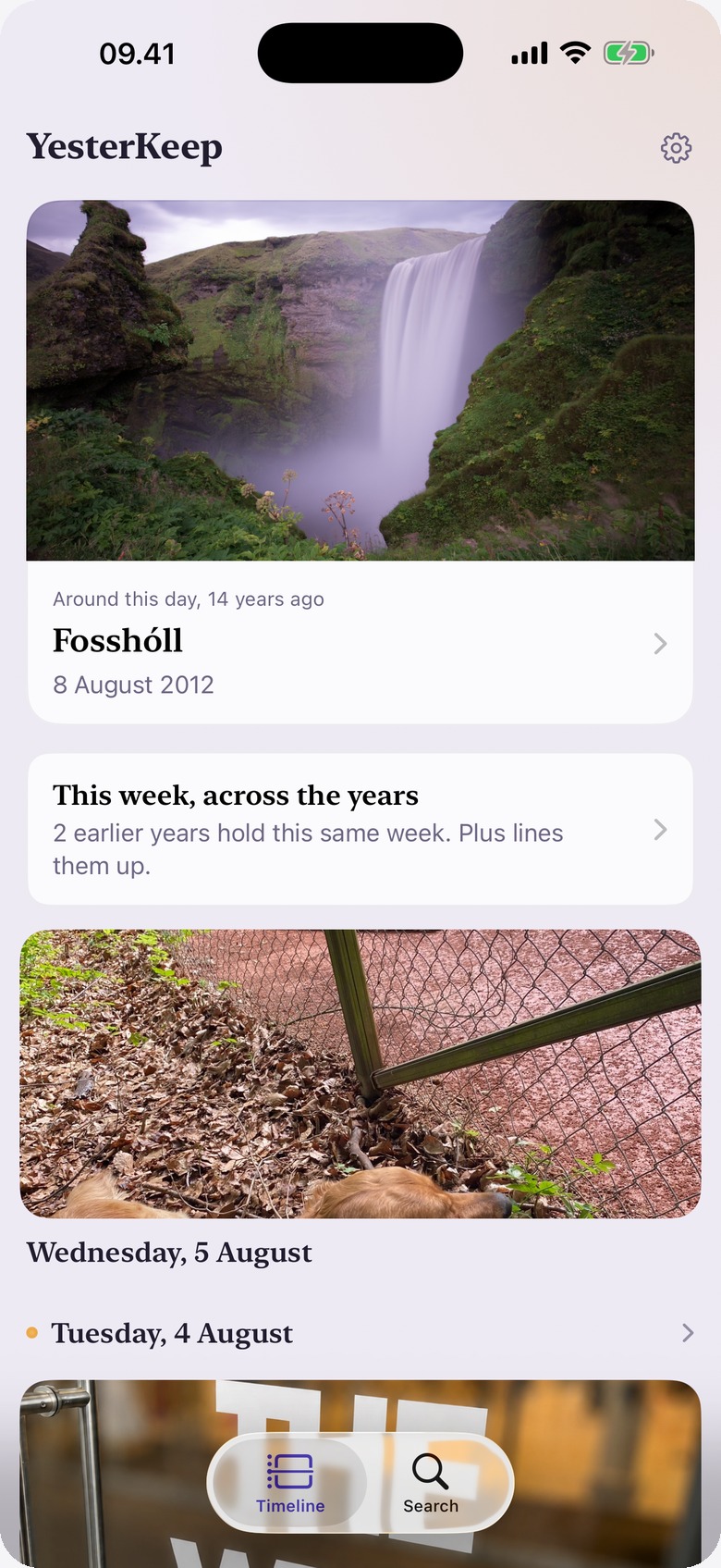 YesterKeep: a day from fourteen years ago — Fosshóll — found in what the iPhone already saw.