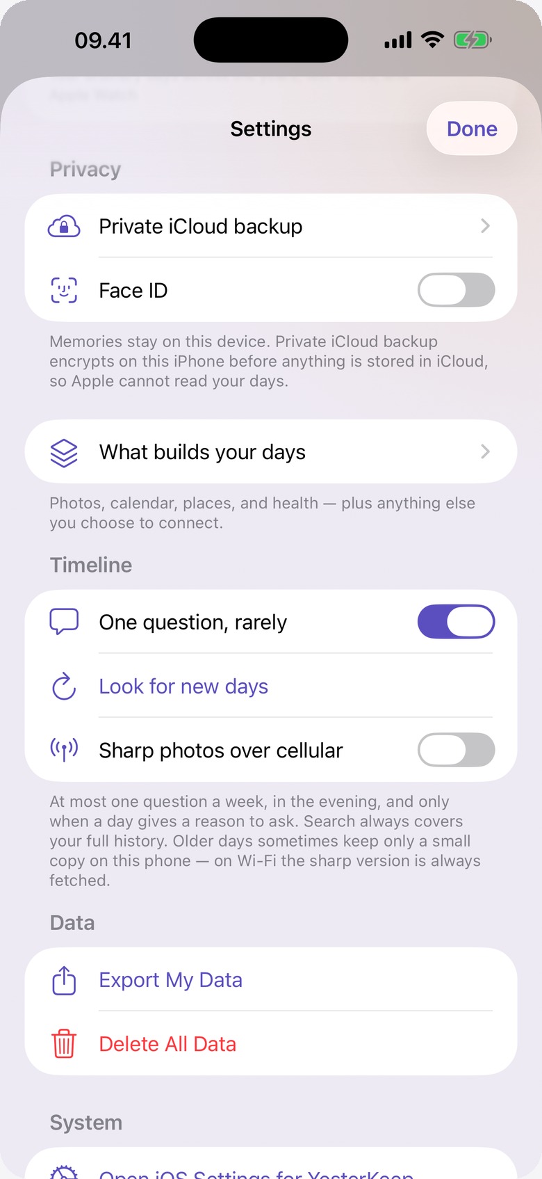 YesterKeep Settings with Face ID and private backup.